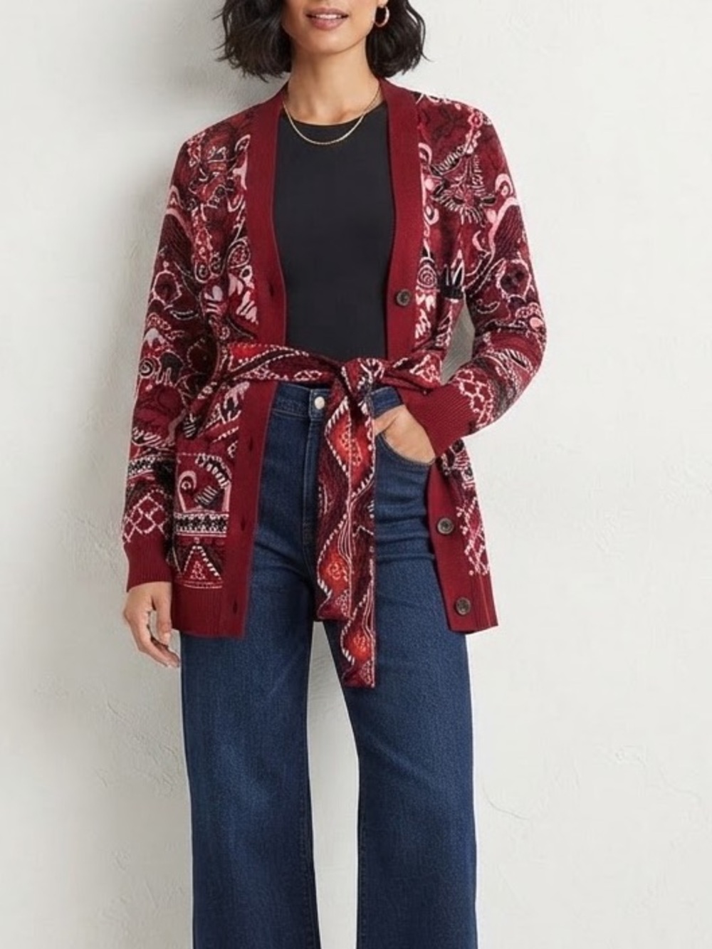 Chelsea & Violet Red and Pink Woven Belted Cardigan